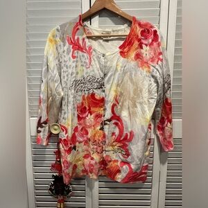 Vibrant Multicolor floral button up cardigan, three-quarter sleeves size L